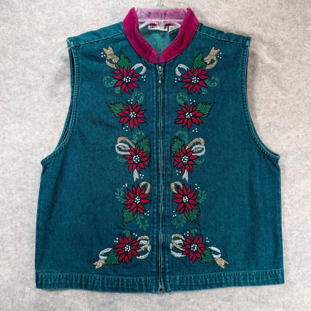 VTG Sun River Denim Christmas Vest Small Teal Embroidered Poinsettia Holiday Zip